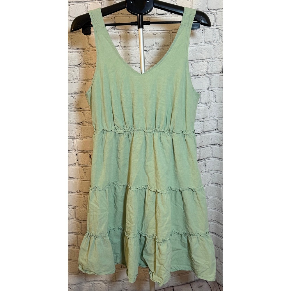 ZESICA Sage Green Tiered V-Neck Mini Dress Sleeveless Viscose Boho L